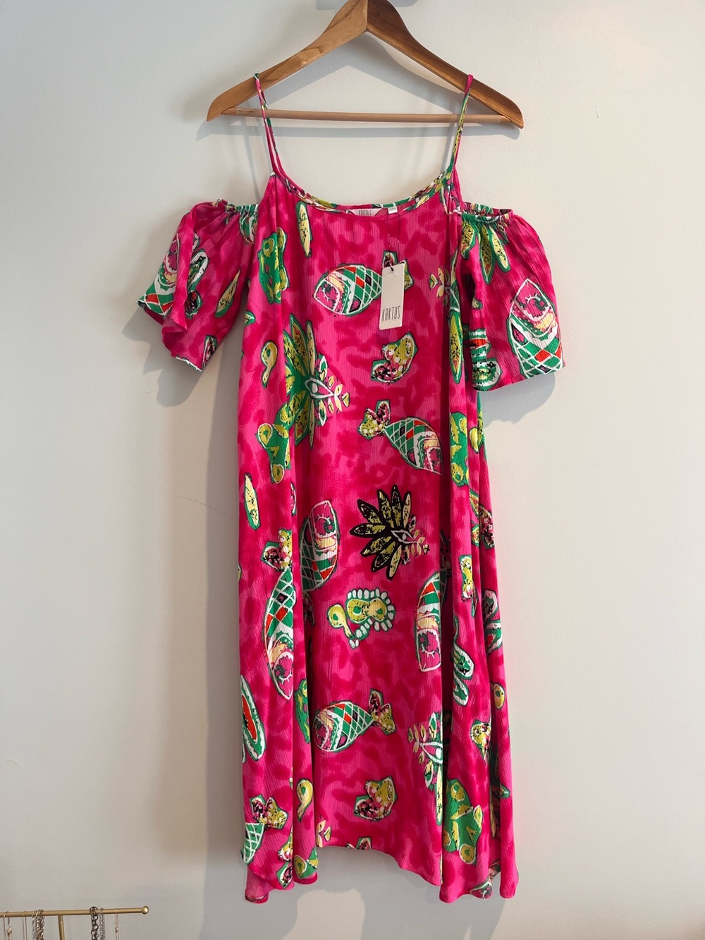 Kaktus Large Hot Pink Fish Print Cold Shoulder Hippie Sundress Tropical Dress